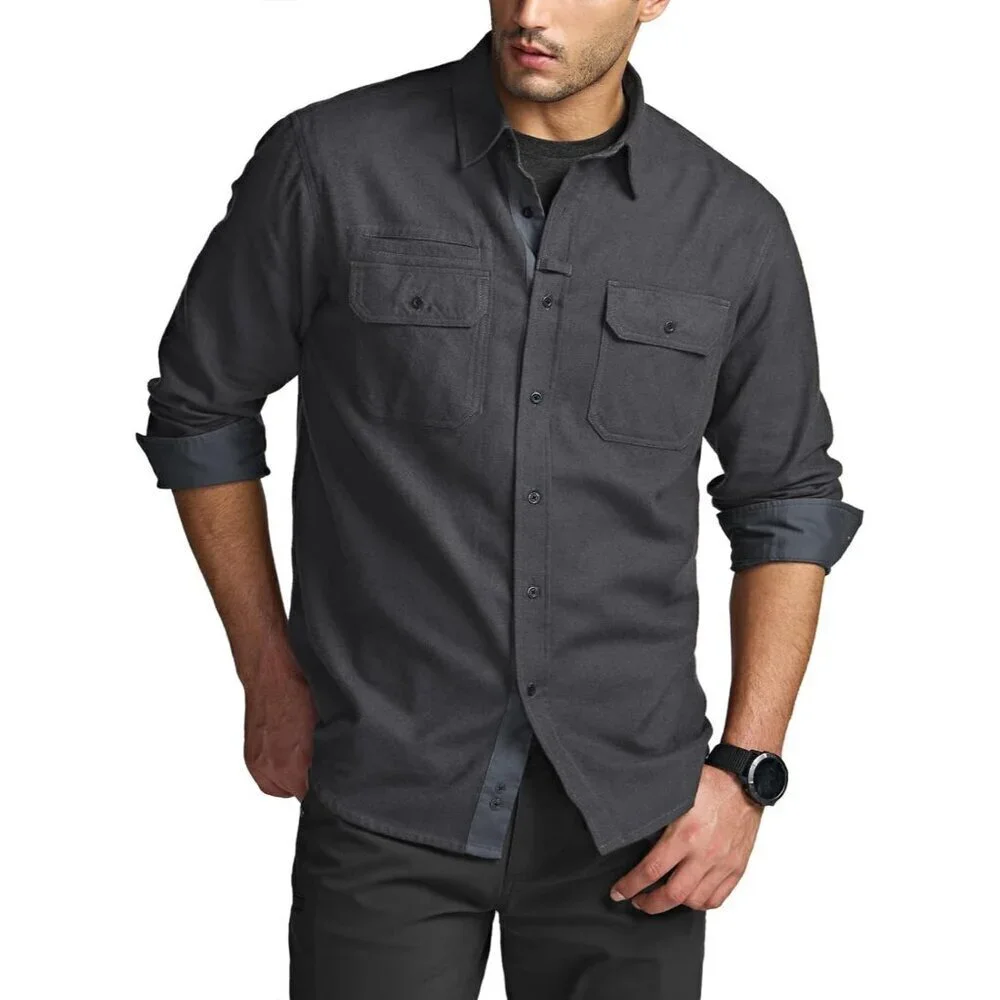 🆕Mens Solid Charcoal Cotton Flannel Shirt Long Sleeve Casual Outdoor Plaid